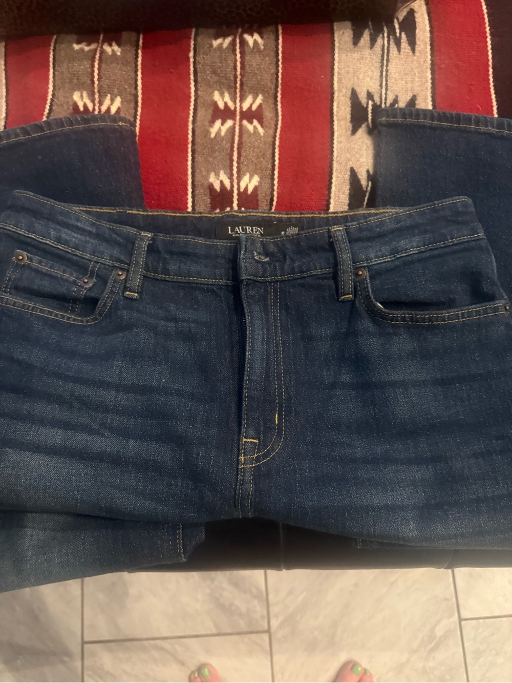 Lauren Ralph Lauren Navy Blue Denim Jeans with Brown Leather Patch - Picture 2 of 4
